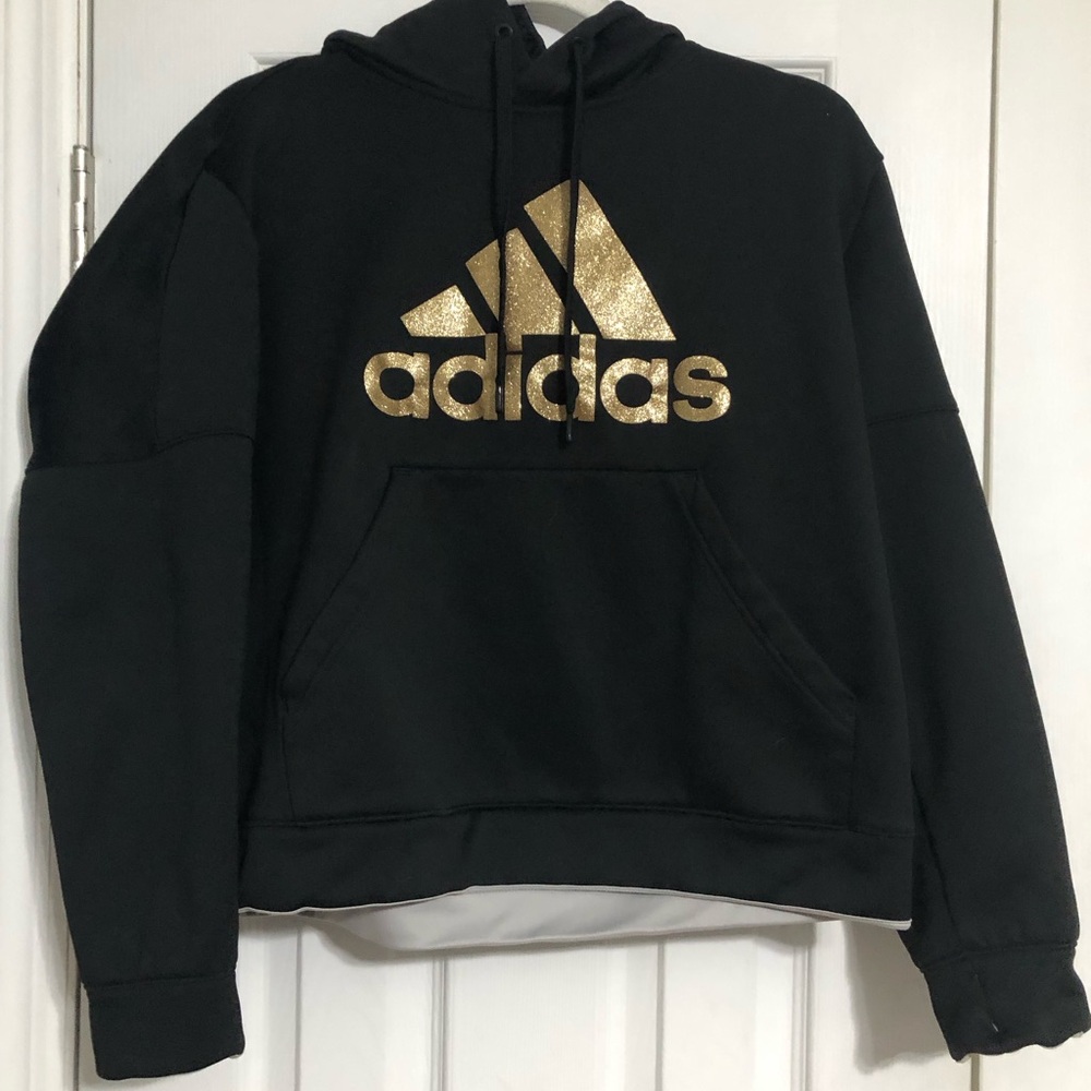Adidas Black and sparkly Gold Hoodie women’s‎ cropped XL y2k listing as large